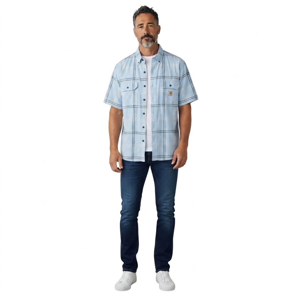 Carhartt 106140 Men's Plaid Shirt Size L Tall Loose Fit Fog Blue Short Sleeve